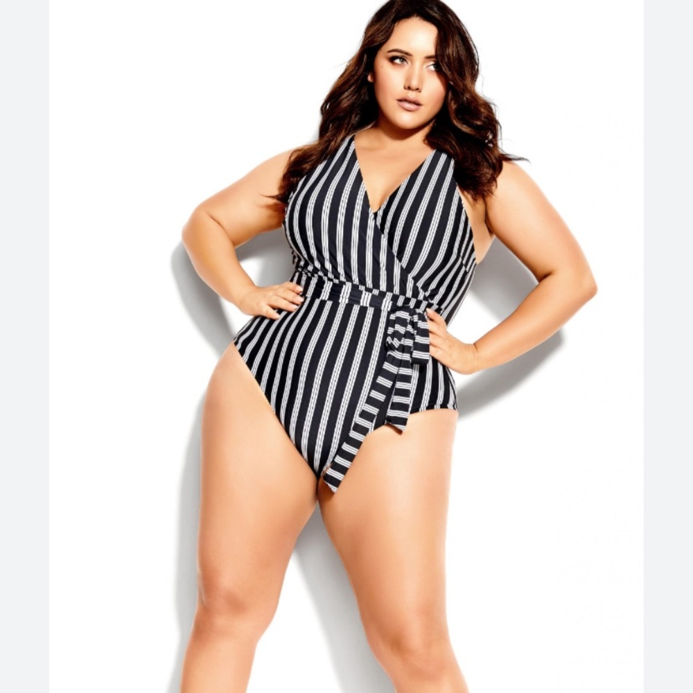 City Chic black white striped belted palm beach swimsuit NEW